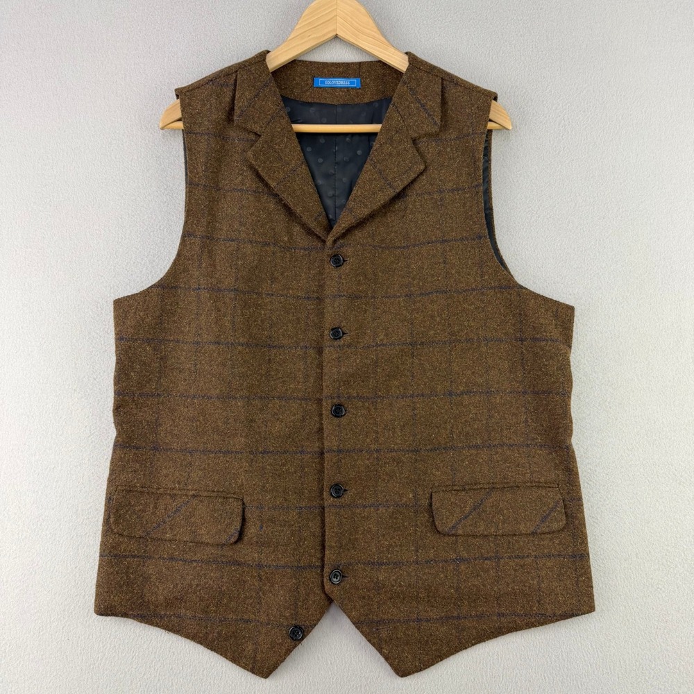 Mens Tweed Waistcoat size Large Brown Plaid Wool Blend Suit Vest Heritage Formal